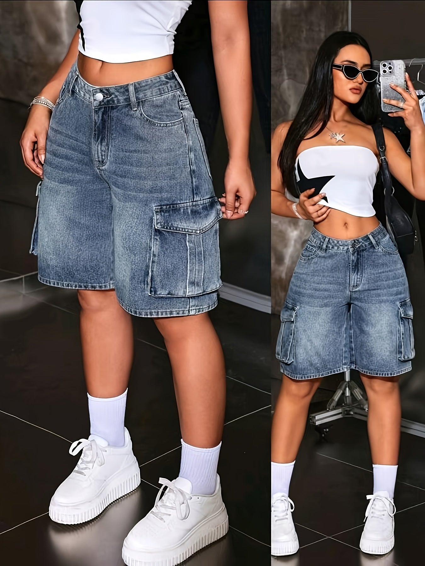 Vintage Style Women'S Bermuda Denim Shorts, Solid Color, Medium Stretch with Pockets, Casual Spring/Summer Jean Shorts